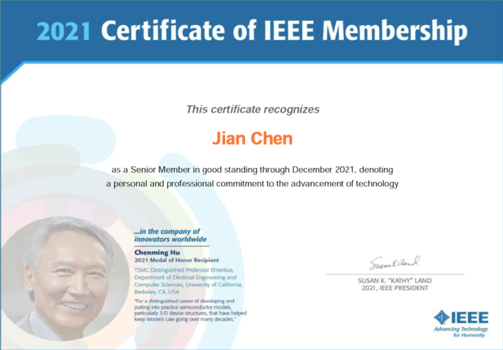 CIOMP Researcher Dr. CHEN Jian  has been Recognized as IEEE Senior Member